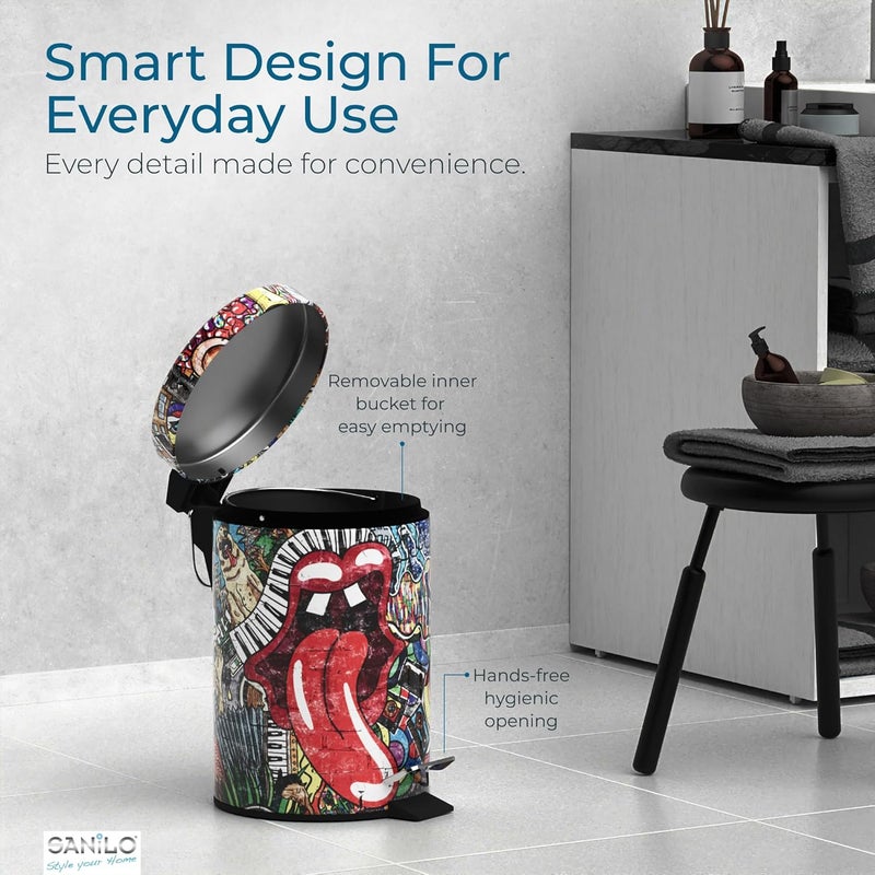 Sanilo Small Bathroom Trash Can with Lid [1.3 Gallon] - Lidded Tiny Trashcan for Garbage - Mini Metal Bin with Soft Closing Mechanism - Bath Room Accessoire Wastebin with Inner Bucket (Graffiti) - Image 4